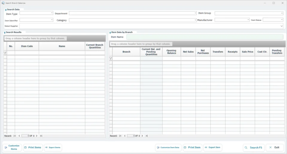Search branch stock screen in FullScreen ERP