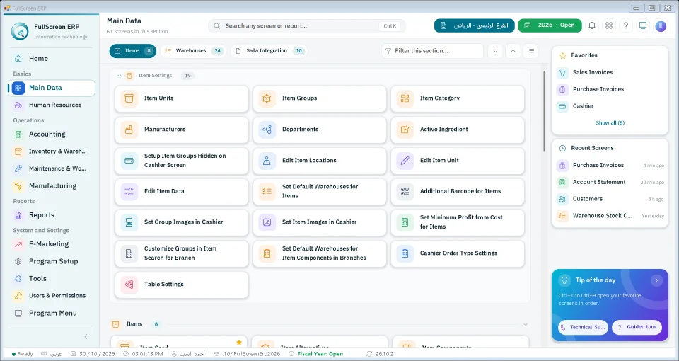 Master data screen in FullScreen ERP