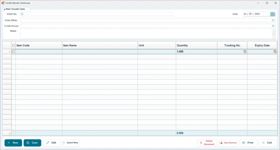 Inter-warehouse transfer screen in FullScreen ERP